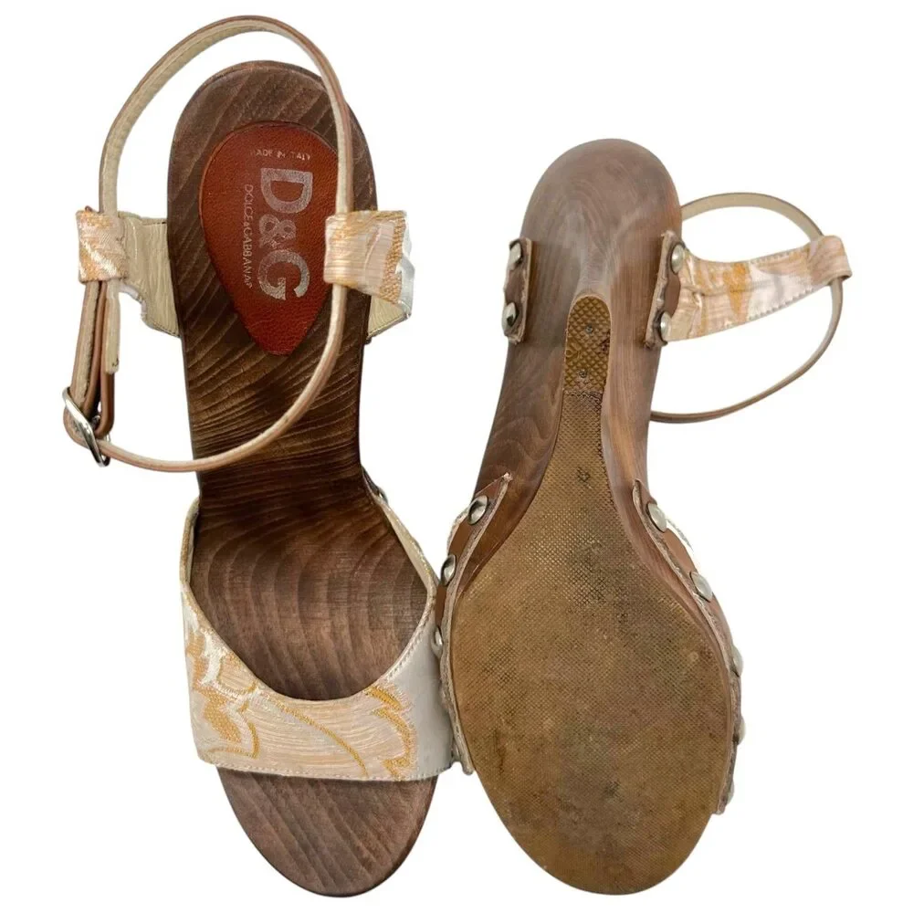 D&G Dolce & Gabbana Gold Damask & Wooden Wedge Sandals